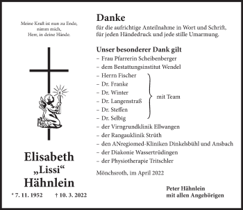 Traueranzeige von Elisabeth Hähnlein von Dinkelsbühl/ Feuchtwangen