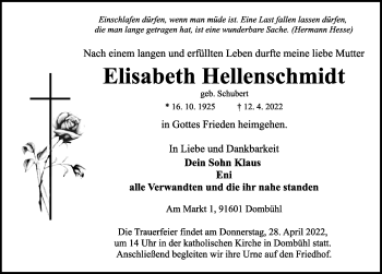 Traueranzeige von Elisabeth Hellenschmidt von Rothenburg