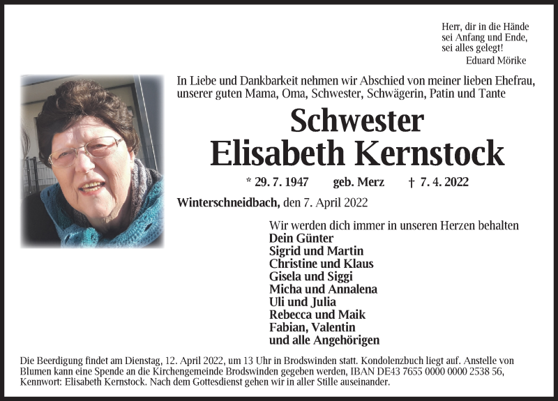  Traueranzeige für Elisabeth Kernstock vom 09.04.2022 aus Ansbach