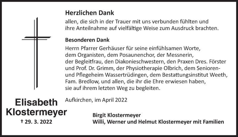  Traueranzeige für Elisabeth Klostermeyer vom 26.04.2022 aus Dinkelsbühl/ Feuchtwangen