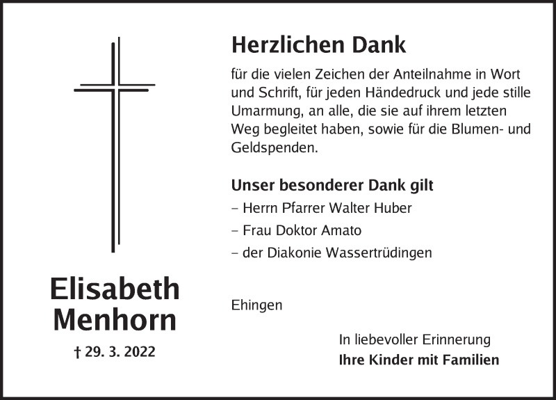  Traueranzeige für Elisabeth Menhorn vom 16.04.2022 aus Dinkelsbühl/ Feuchtwangen
