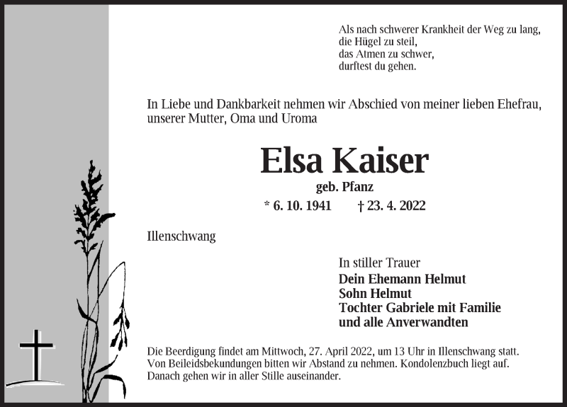  Traueranzeige für Elsa Kaiser vom 26.04.2022 aus Dinkelsbühl/ Feuchtwangen