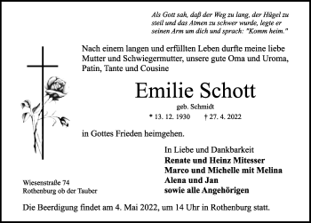 Traueranzeige von Emilie Schott von Rothenburg