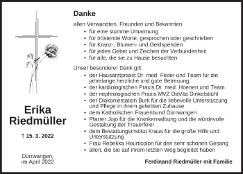 Traueranzeige von Erika Riedmüller von Dinkelsbühl/ Feuchtwangen