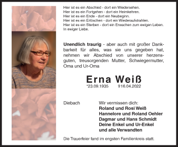 Traueranzeige von Erna Weiß von Neustadt/ Scheinfeld/ Uffenheim