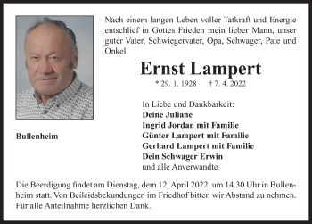 Traueranzeige von Ernst Lampert von Neustadt/ Scheinfeld/ Uffenheim