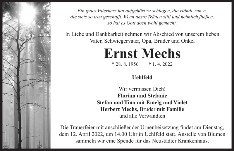  Traueranzeige für Ernst Mechs vom 09.04.2022 aus Neustadt/ Scheinfeld/ Uffenheim