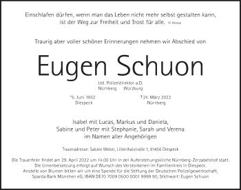 Traueranzeige von Eugen Schuon von Neustadt/ Scheinfeld/ Uffenheim