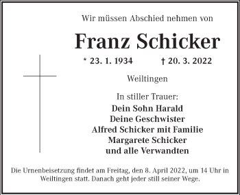 Traueranzeige von Franz Schicker von Dinkelsbühl/ Feuchtwangen