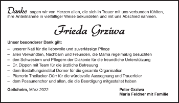 Traueranzeige von Frieda Grziwa von Dinkelsbühl/ Feuchtwangen