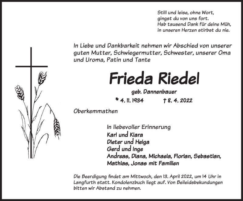  Traueranzeige für Frieda Riedel vom 12.04.2022 aus Dinkelsbühl/ Feuchtwangen