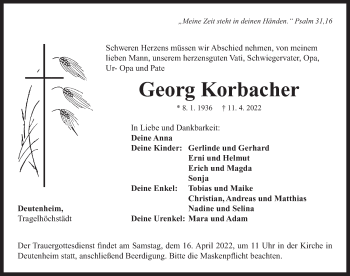 Traueranzeige von Georg Korbacher von Neustadt/ Scheinfeld/ Uffenheim