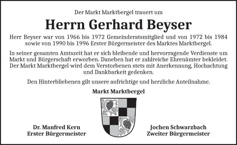  Traueranzeige für Gerhard Beyser vom 30.04.2022 aus Neustadt/ Scheinfeld/ Uffenheim