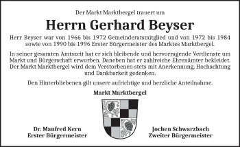 Traueranzeige von Gerhard Beyser von Neustadt/ Scheinfeld/ Uffenheim