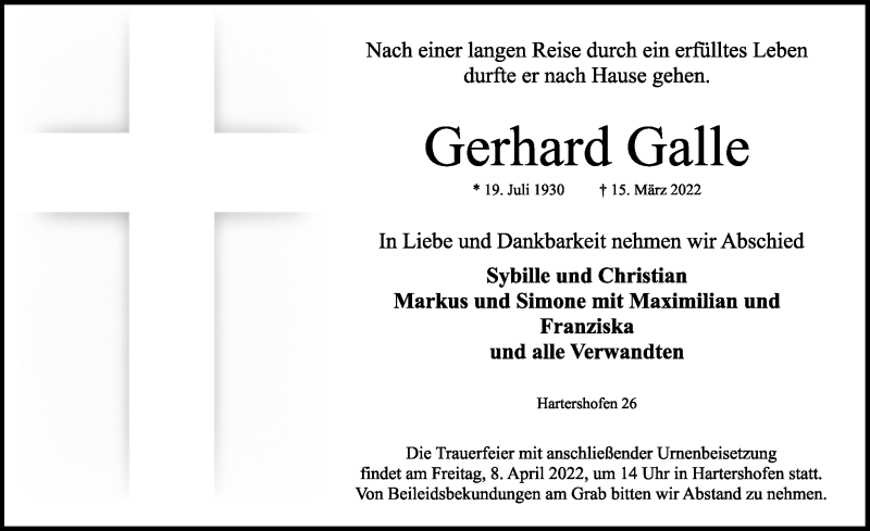  Traueranzeige für Gerhard Galle vom 05.04.2022 aus Rothenburg