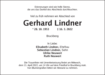 Traueranzeige von Gerhard Lindner von Ansbach