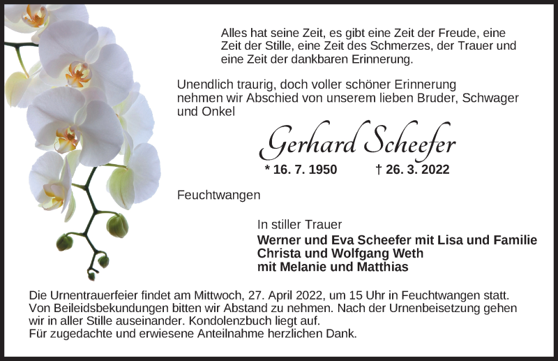  Traueranzeige für Gerhard Scheefer vom 23.04.2022 aus Ansbach
