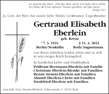 Traueranzeige von Gertraud Elisabeth Eberlein von Rothenburg