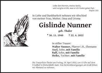 Traueranzeige von Gislinde Nunner von Dinkelsbühl/ Feuchtwangen
