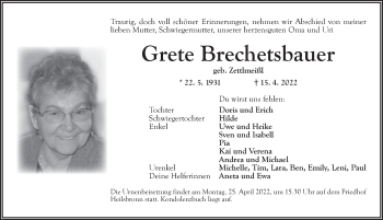 Traueranzeige von Grete Brechetsbauer von Ansbach