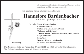 Traueranzeige von Hannelore Bardenbacher von Neustadt/ Scheinfeld/ Uffenheim