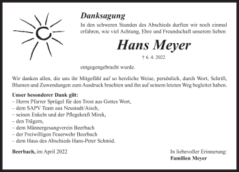 Traueranzeige von Hans Meyer von Neustadt/ Scheinfeld/ Uffenheim