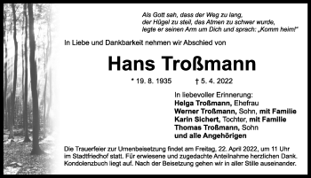Traueranzeige von Hans Troßmann von Ansbach