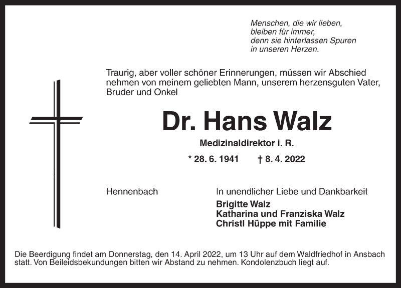  Traueranzeige für Hans Walz vom 12.04.2022 aus Ansbach