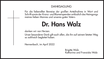 Traueranzeige von Hans Walz von Ansbach