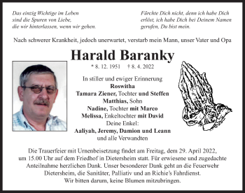 Traueranzeige von Harald Baranky von Ansbach