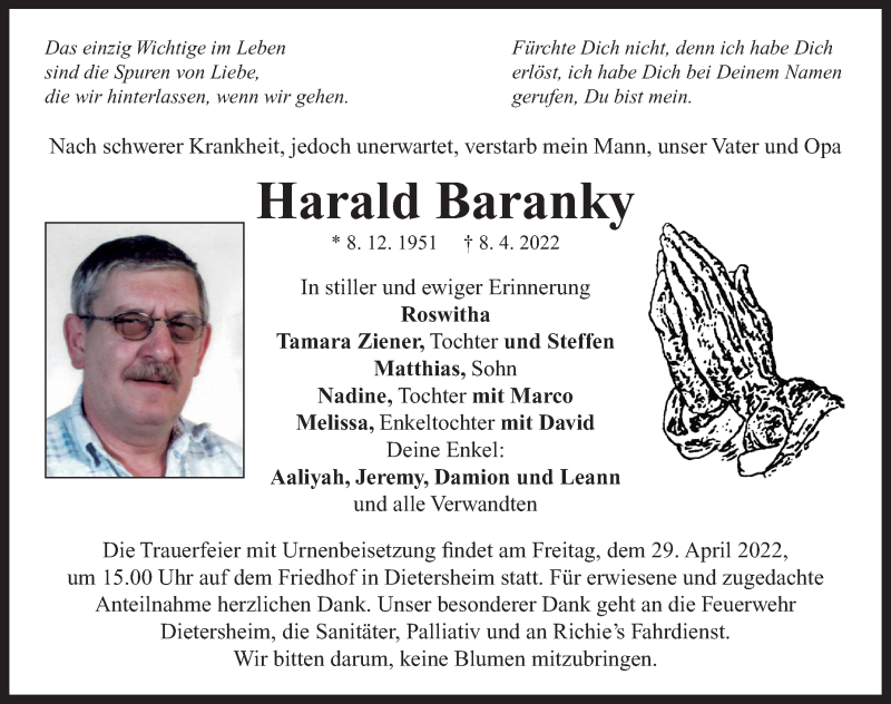  Traueranzeige für Harald Baranky vom 23.04.2022 aus Ansbach