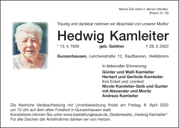 Traueranzeige von Hedwig Kamleiter von Dinkelsbühl/ Feuchtwangen