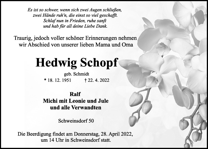  Traueranzeige für Hedwig Schopf vom 26.04.2022 aus Rothenburg