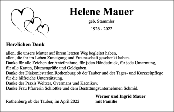 Traueranzeige von Helene Mauer von Rothenburg