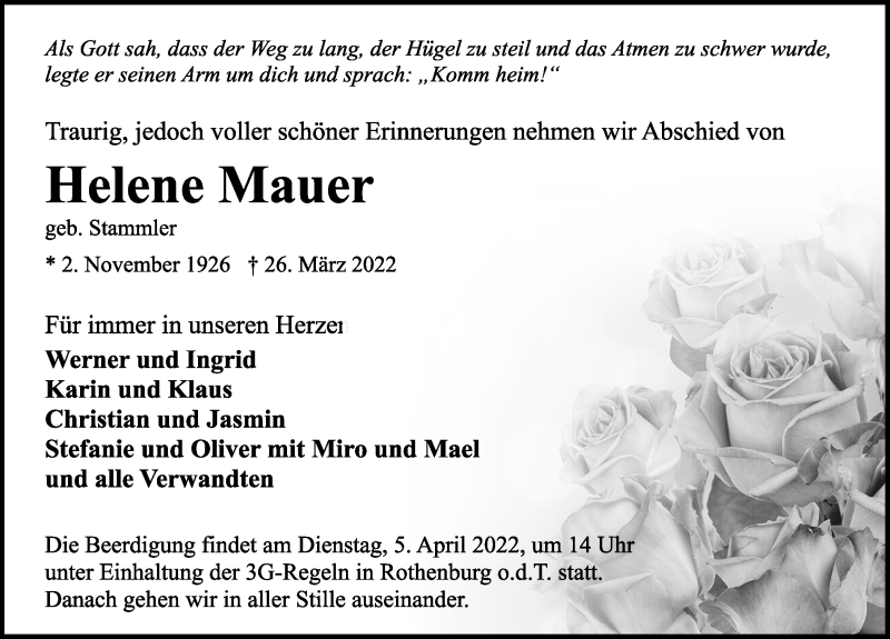  Traueranzeige für Helene Mauer vom 01.04.2022 aus Rothenburg