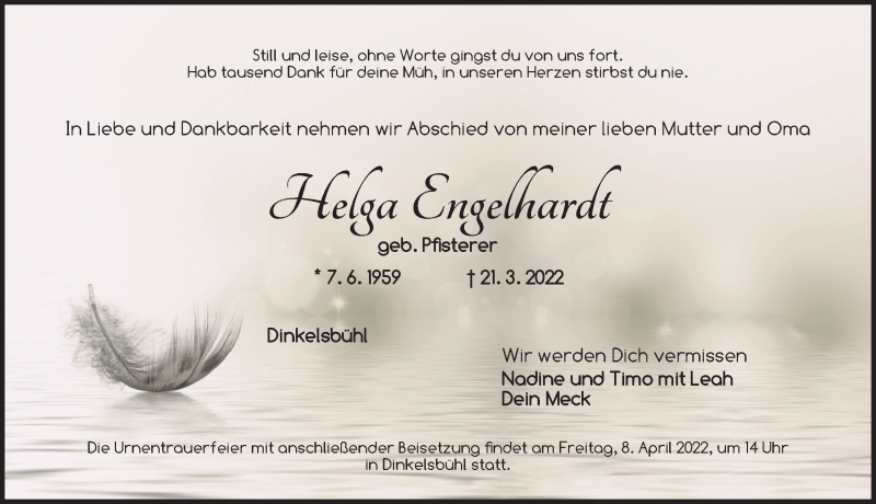  Traueranzeige für Helga Engelhardt vom 06.04.2022 aus Dinkelsbühl/ Feuchtwangen