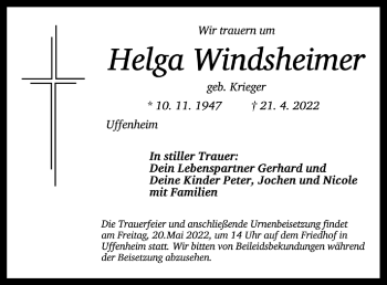 Traueranzeige von Helga Windsheimer von Neustadt/ Scheinfeld/ Uffenheim