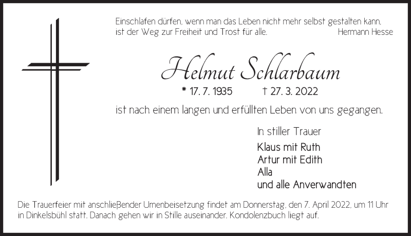  Traueranzeige für Helmut Schlarbaum vom 05.04.2022 aus Dinkelsbühl/ Feuchtwangen