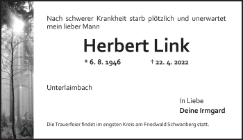 Traueranzeige von Herbert Link von Neustadt/ Scheinfeld/ Uffenheim