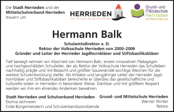 Traueranzeige von Hermann Balk von Ansbach