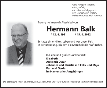 Traueranzeige von Hermann Balk von Ansbach