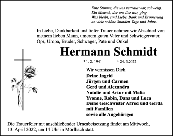 Traueranzeige von Hermann Schmidt von Rothenburg