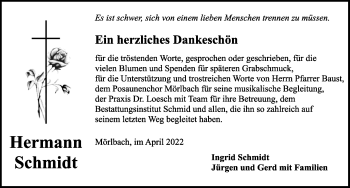 Traueranzeige von Hermann Schmidt von Rothenburg