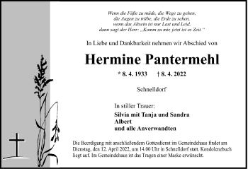 Traueranzeige von Hermine Pantermehl von Dinkelsbühl/ Feuchtwangen