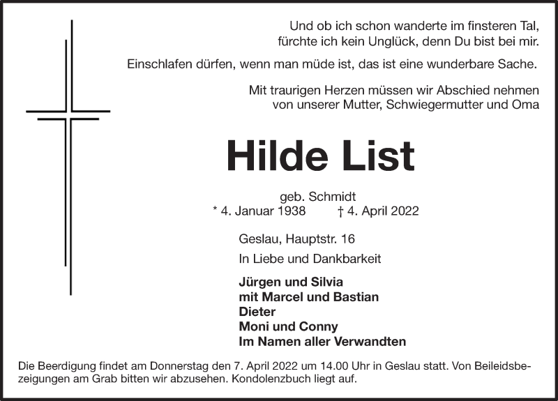  Traueranzeige für Hilde List vom 05.04.2022 aus Rothenburg