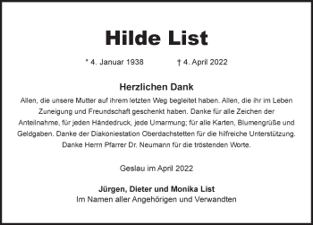 Traueranzeige von Hilde List von Rothenburg