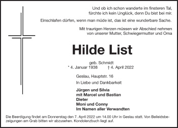 Traueranzeige von Hilde List von Rothenburg