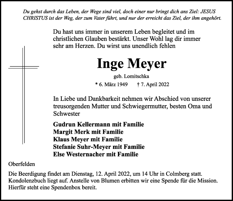  Traueranzeige für Inge Meyer vom 09.04.2022 aus Ansbach