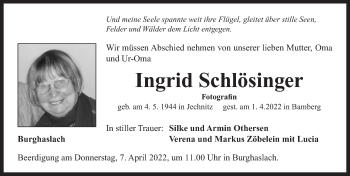 Traueranzeige von Ingrid Schlösinger von Neustadt/ Scheinfeld/ Uffenheim