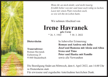 Traueranzeige von Irene Havranek von Neustadt/ Scheinfeld/ Uffenheim